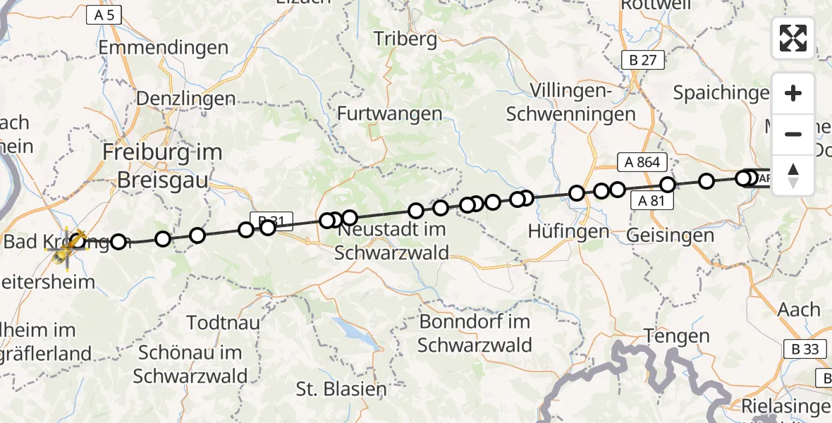 Flugroute Ambulanzhubschrauber Tuttlingen - Bad Krozingen, 11 August 2026, 09:32