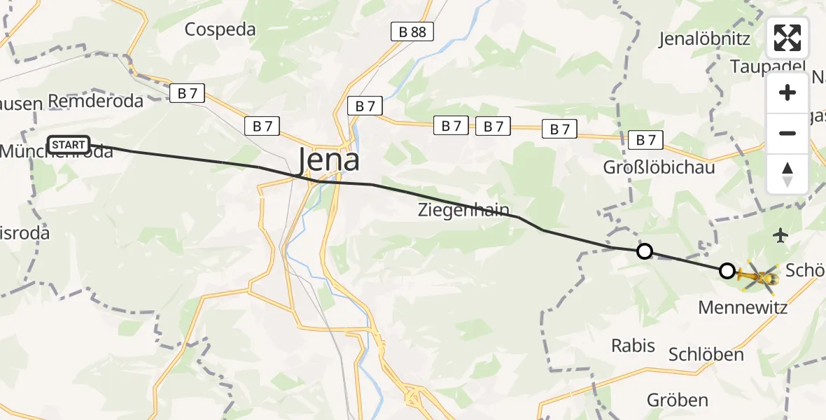 Flugroute Rettungshubschrauber Jena - Schlöben, 11 August 2026, 09:40