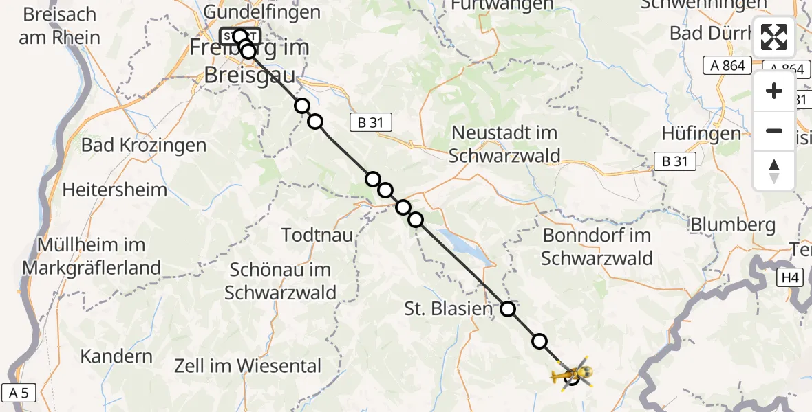 Flugroute Ambulanzhubschrauber Freiburg im Breisgau Flugplatz - Waldshut-Tiengen, 11 August 2026, 09:45