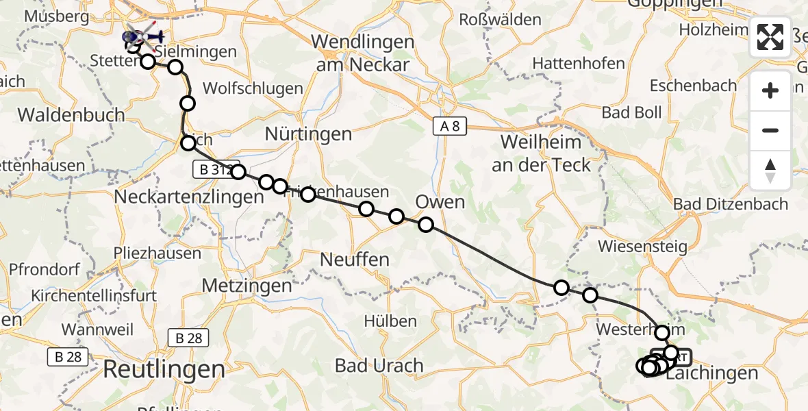 Flugroute Polizeihubschrauber Laichingen - Flughafen Stuttgart, 11 August 2026, 09:46