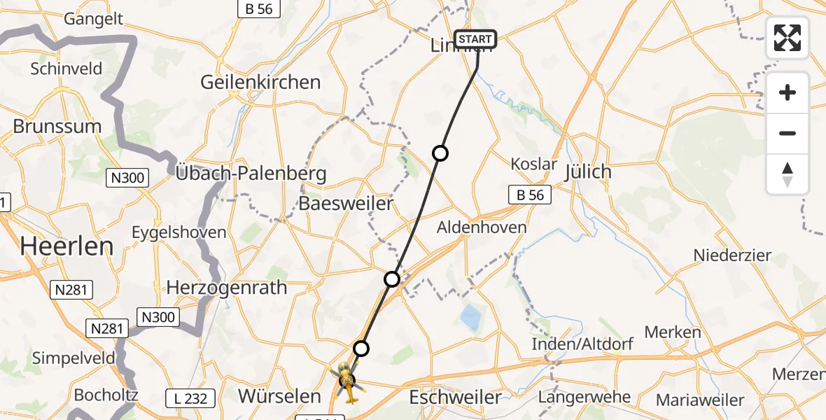 Flugroute Rettungshubschrauber Linnich - Aachen-Merzbrück Flughafen, 11 August 2026, 09:48