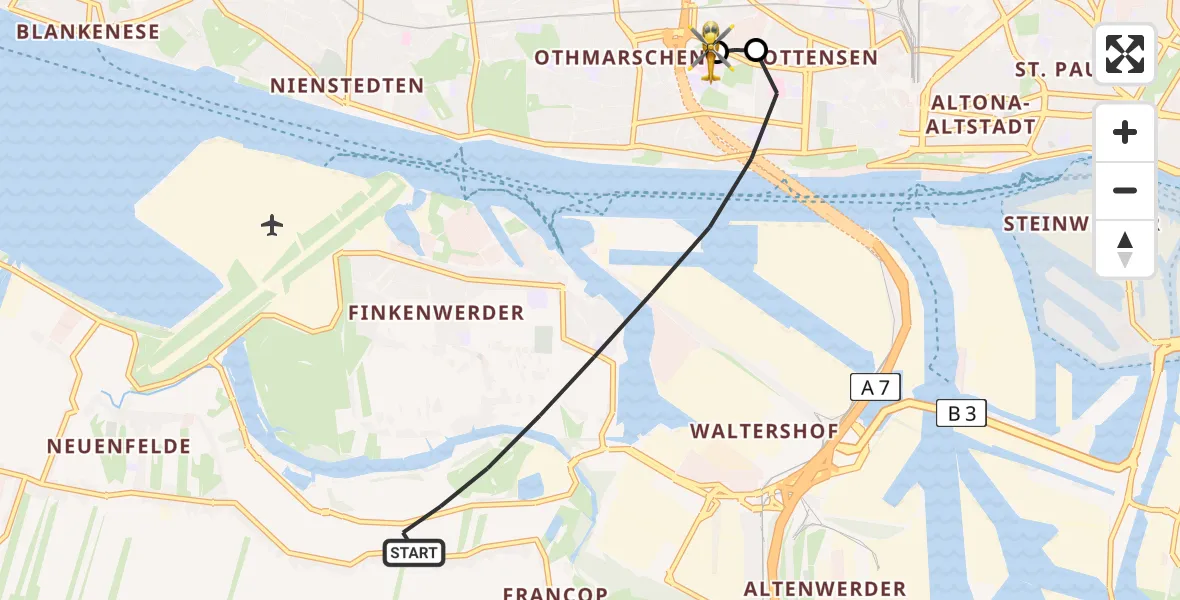 Flugroute Ambulanzhubschrauber Hamburg - Asklepios Hospital Altona, 11 August 2026, 09:51