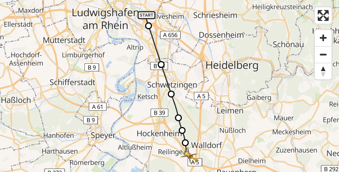 Flugroute Rettungshubschrauber Mannheim-City Flughafen - Walldorf, 11 August 2026, 09:52