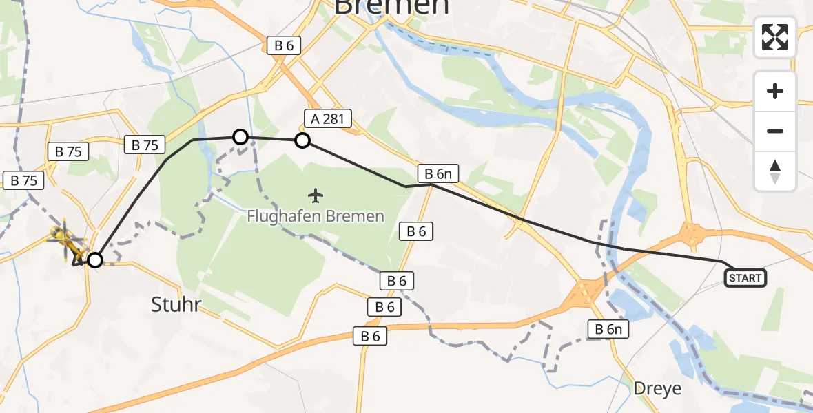 Flugroute Rettungshubschrauber Bremen - Stuhr, 11 August 2026, 10:01
