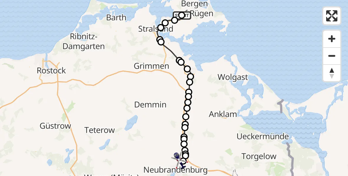 Flugroute Polizeihubschrauber Rügen Flughafen - Neubrandenburg Trollenhagen Flughafen, 11 August 2026, 10:05