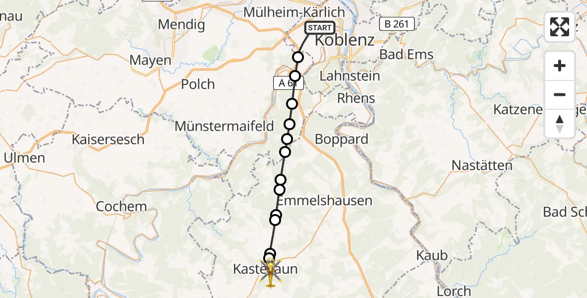 Flugroute Rettungshubschrauber Koblenz - Kastellaun, 11 August 2026, 10:12