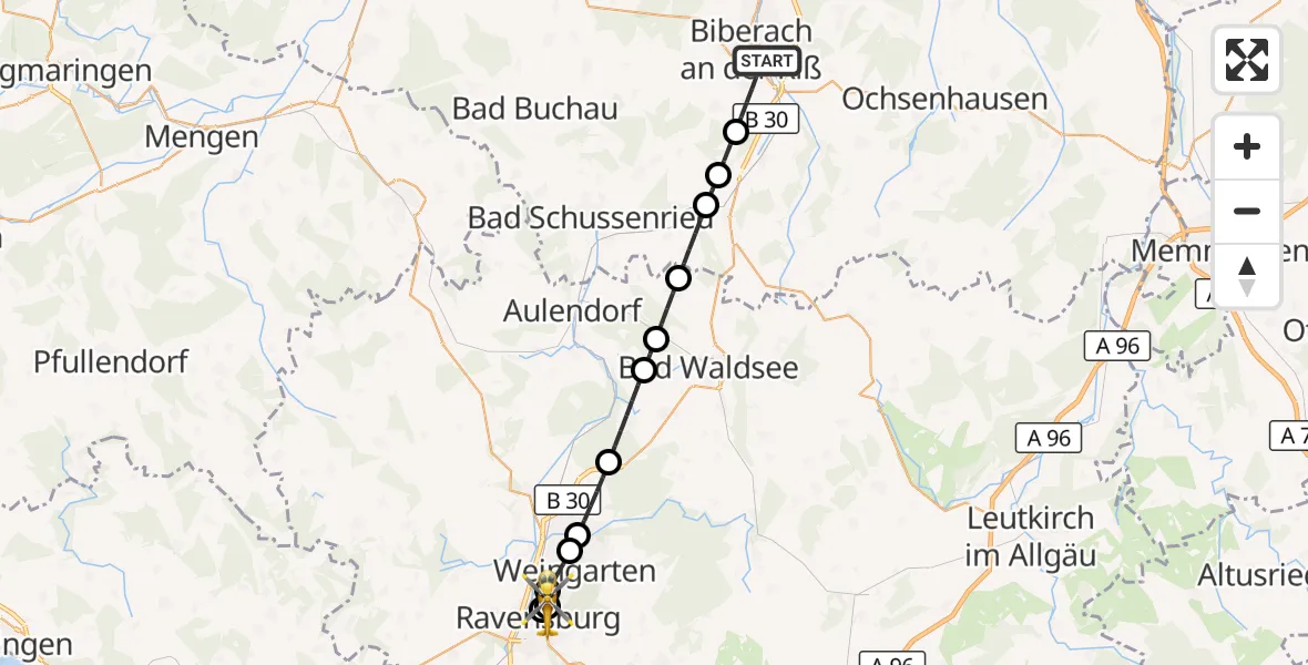 Flugroute Rettungshubschrauber Biberach an der Riß - Sankt Elisabeth Hospital, 11 August 2026, 10:23
