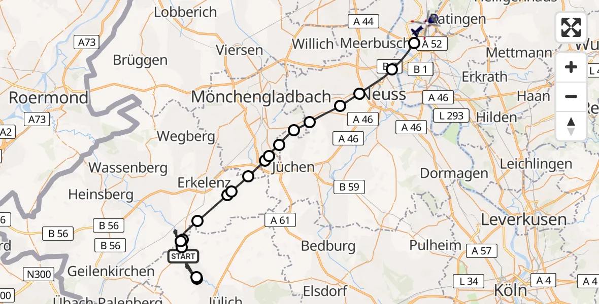 Flugroute Polizeihubschrauber Linnich - Düsseldorf Flughafen, 11 August 2026, 10:25
