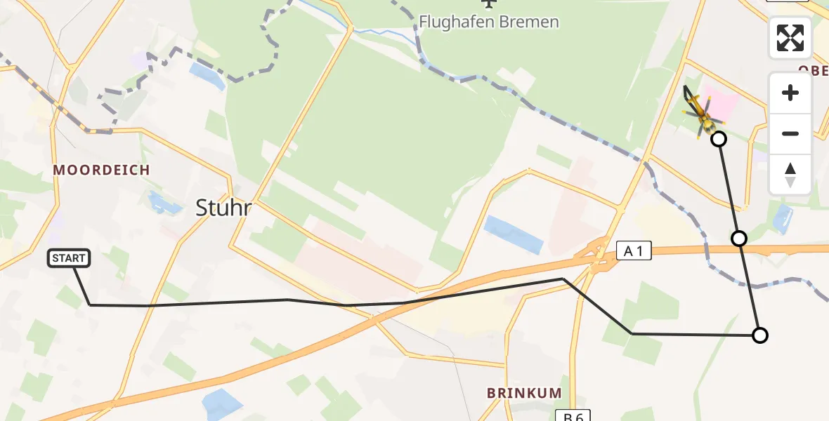 Flugroute Rettungshubschrauber Stuhr - ADAC Air Rescue Station Bremen Hubschrauberlandeplatz (Christoph 6), 11 August 2026, 10:26