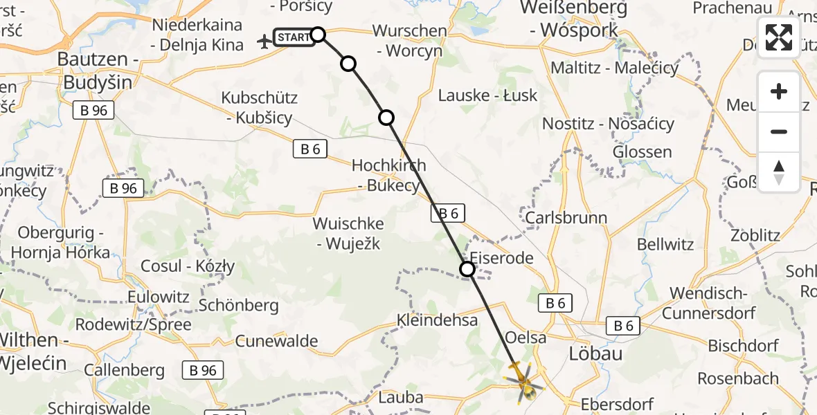 Flugroute Rettungshubschrauber Bautzen Flugplatz - Löbau, 11 August 2026, 10:34