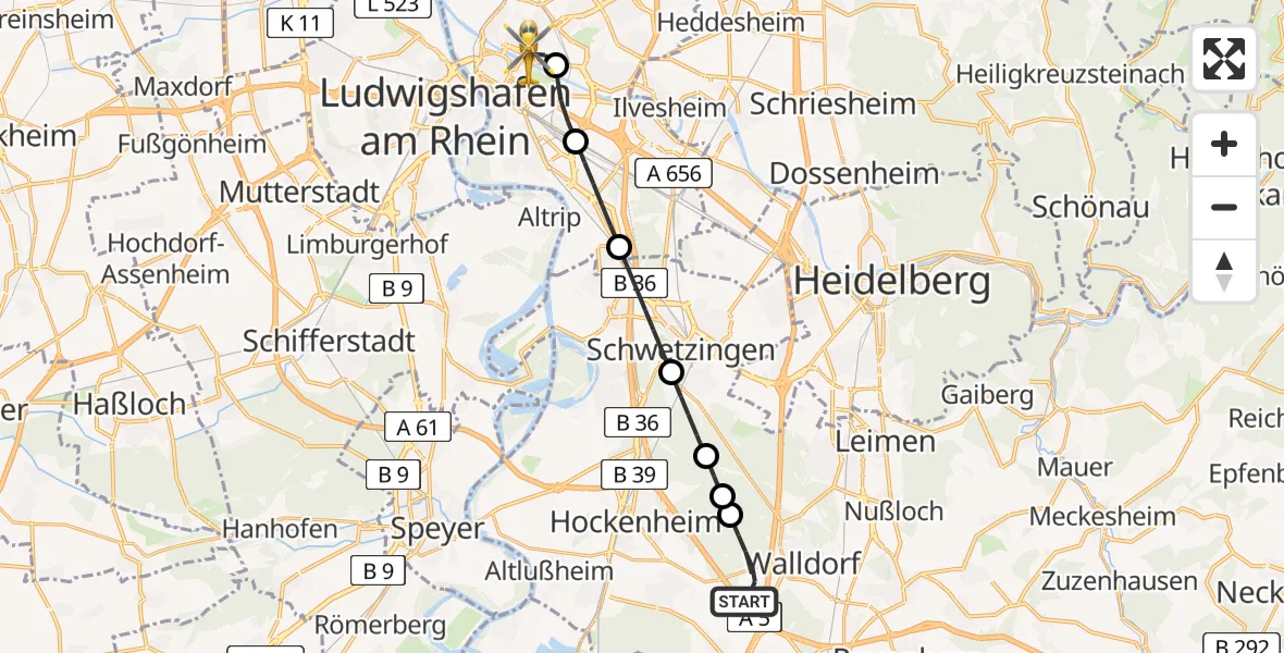Flugroute Rettungshubschrauber Walldorf - Mannheim, 11 August 2026, 10:36