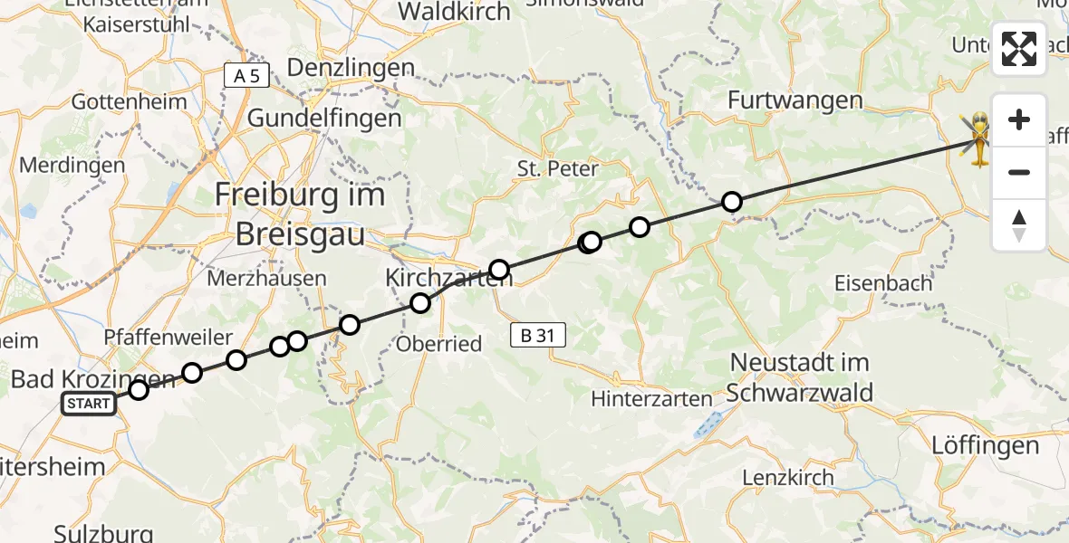 Flugroute Ambulanzhubschrauber Bad Krozingen - Vöhrenbach, 11 August 2026, 10:41