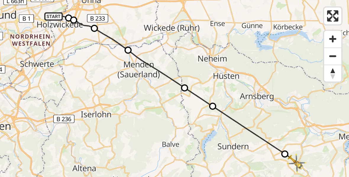 Flugroute Rettungshubschrauber Dortmund Flughafen - Meschede, 11 August 2026, 10:43