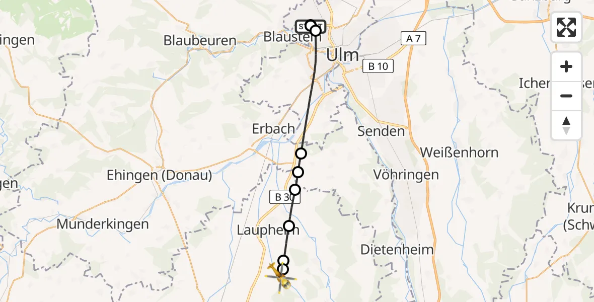 Flugroute Rettungshubschrauber Ulm Military Hospital Emergency - Mietingen, 11 August 2026, 10:43