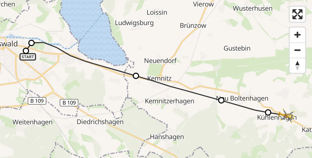 Flugroute Rettungshubschrauber Greifswald Hospital - Katzow, 11 August 2026, 10:46