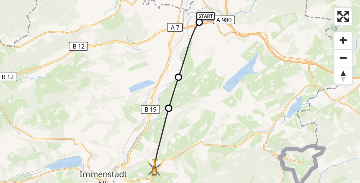 Flugroute Rettungshubschrauber Kempten-Durach Flugplatz - Rettenberg, 11 August 2026, 10:51