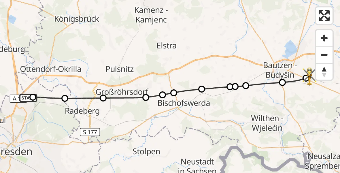 Flugroute Rettungshubschrauber Dresden Bundespolizei Hubschrauberlandeplatz - Kubschütz, 11 August 2026, 10:56