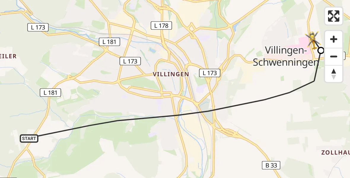 Flugroute Ambulanzhubschrauber Villingen-Schwenningen - DRF Air Rescue Station Villingen-Schwenningen Hubschrauberlandeplatz (Christoph 11), 11 August 2026, 10:56