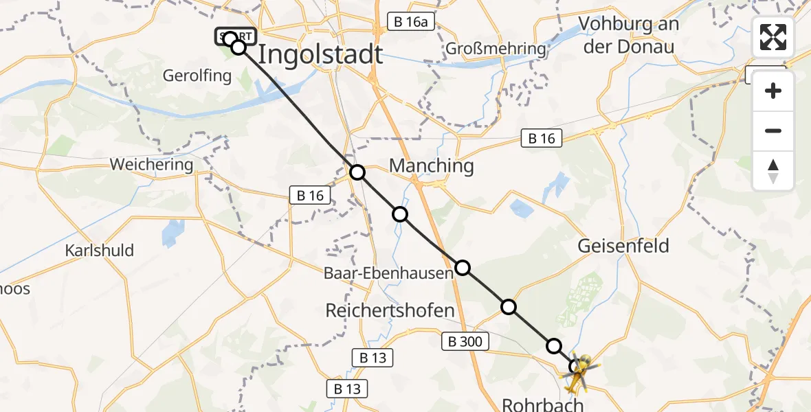 Flugroute Rettungshubschrauber Ingolstadt Hospital - Wolnzach, 11 August 2026, 10:58