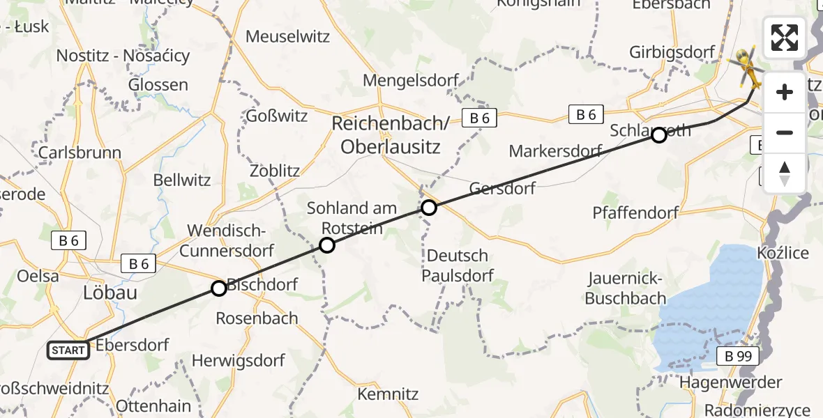 Flugroute Rettungshubschrauber Löbau - Görlitz Hospital, 11 August 2026, 10:59