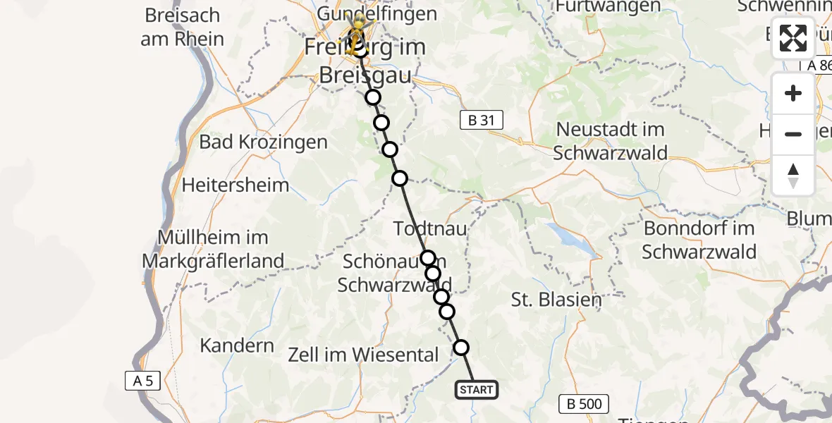 Flugroute Ambulanzhubschrauber Herrischried - Freiburg im Breisgau Flugplatz, 11 August 2026, 11:01