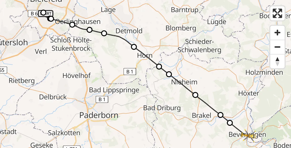 Flugroute Rettungshubschrauber Luftrettungszentrum Bielefeld - Lauenförde, 11 August 2026, 11:03