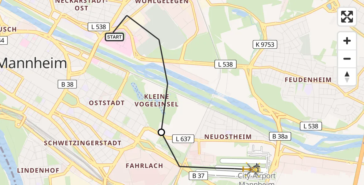 Flugroute Rettungshubschrauber Mannheim - Mannheim-City Flughafen, 11 August 2026, 11:16