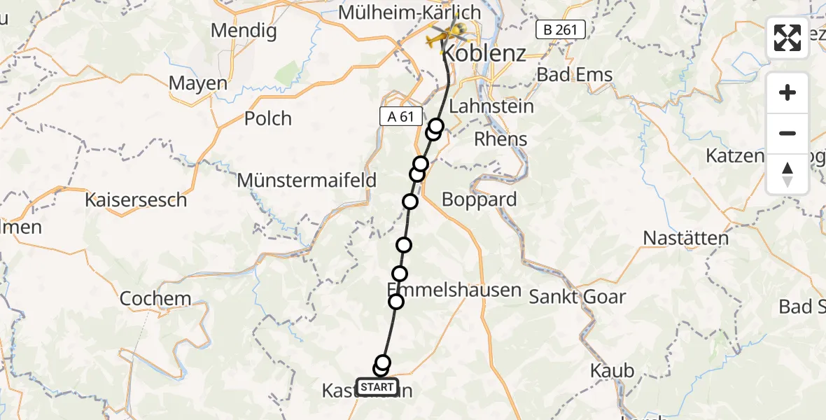 Flugroute Rettungshubschrauber Kastellaun - Koblenz, 11 August 2026, 11:17