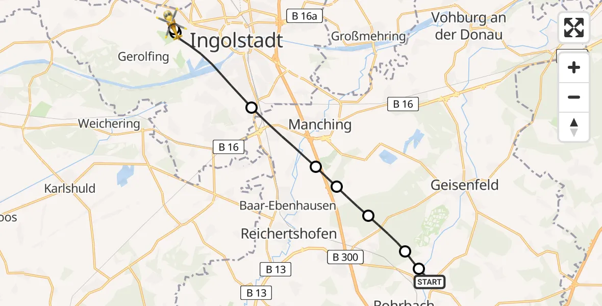 Flugroute Rettungshubschrauber Wolnzach - Ingolstadt Hospital, 11 August 2026, 11:23