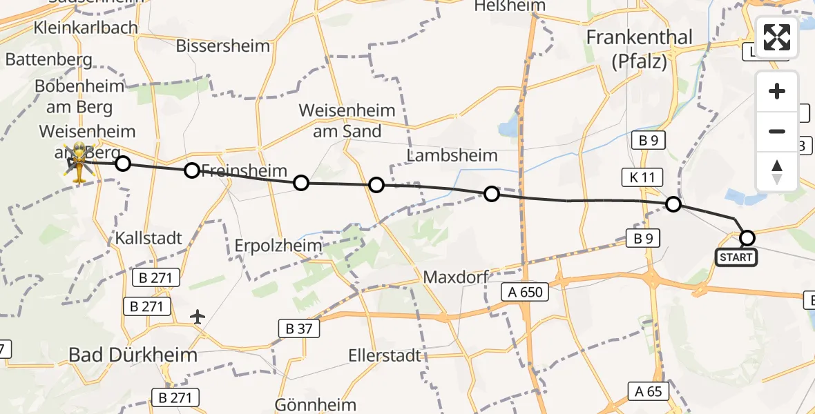 Flugroute Rettungshubschrauber Ludwigshafen Accident Hospital - Weisenheim am Berg, 11 August 2026, 11:25
