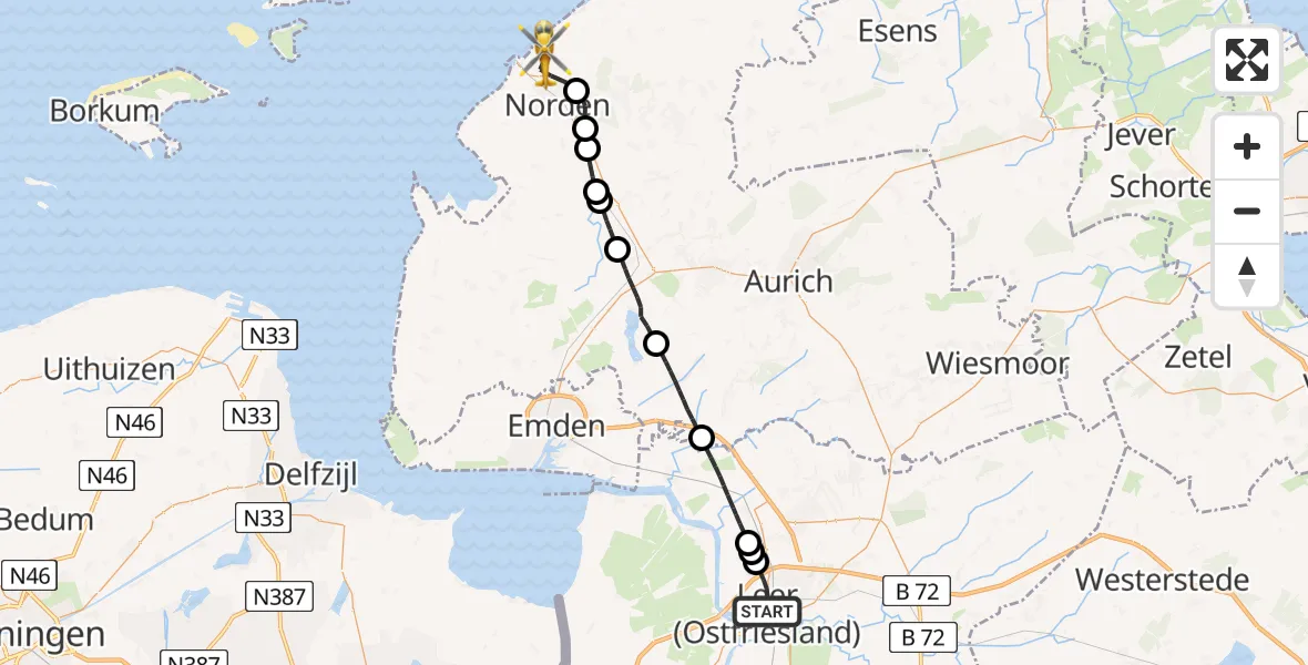 Flugroute Ambulanzhubschrauber Leer (Ostfriesland) - Norden-Norddeich Flughafen, 11 August 2026, 11:26