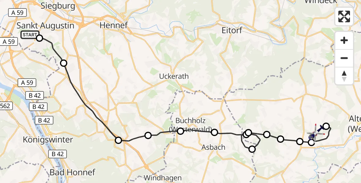 Flugroute Polizeihubschrauber Bonn-Hangelar Flugplatz - Walterschen, 11 August 2026, 11:26