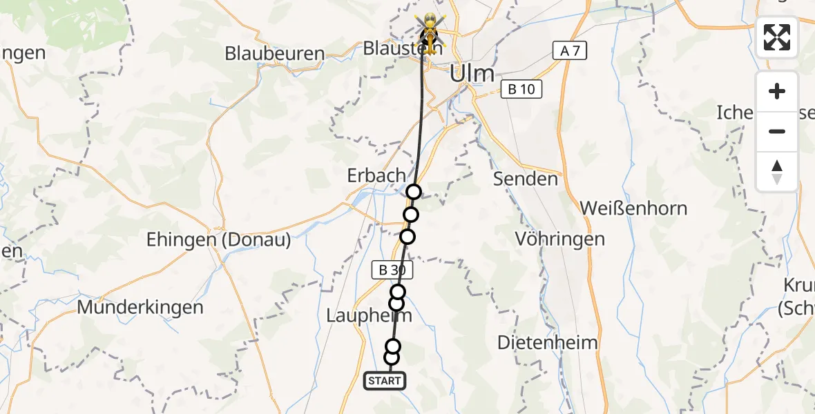 Flugroute Rettungshubschrauber Mietingen - Ulm Military Hospital Emergency, 11 August 2026, 11:27