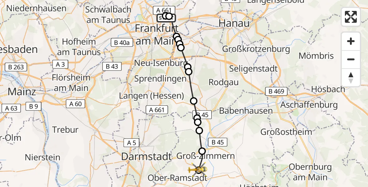 Flugroute Rettungshubschrauber Frankfurt am Main Accident Hospital Ground - Reinheim, 11 August 2026, 11:28