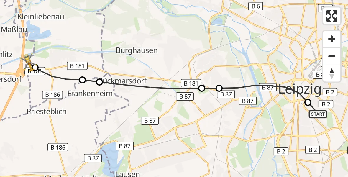 Flugroute Rettungshubschrauber Leipzig University Hospital Heliport 1 - ADAC Air Rescue Station Leipzig/Schkeuditz-Dölzig Hubschrauberlandeplatz (Christoph 61), 11 August 2026, 11:31