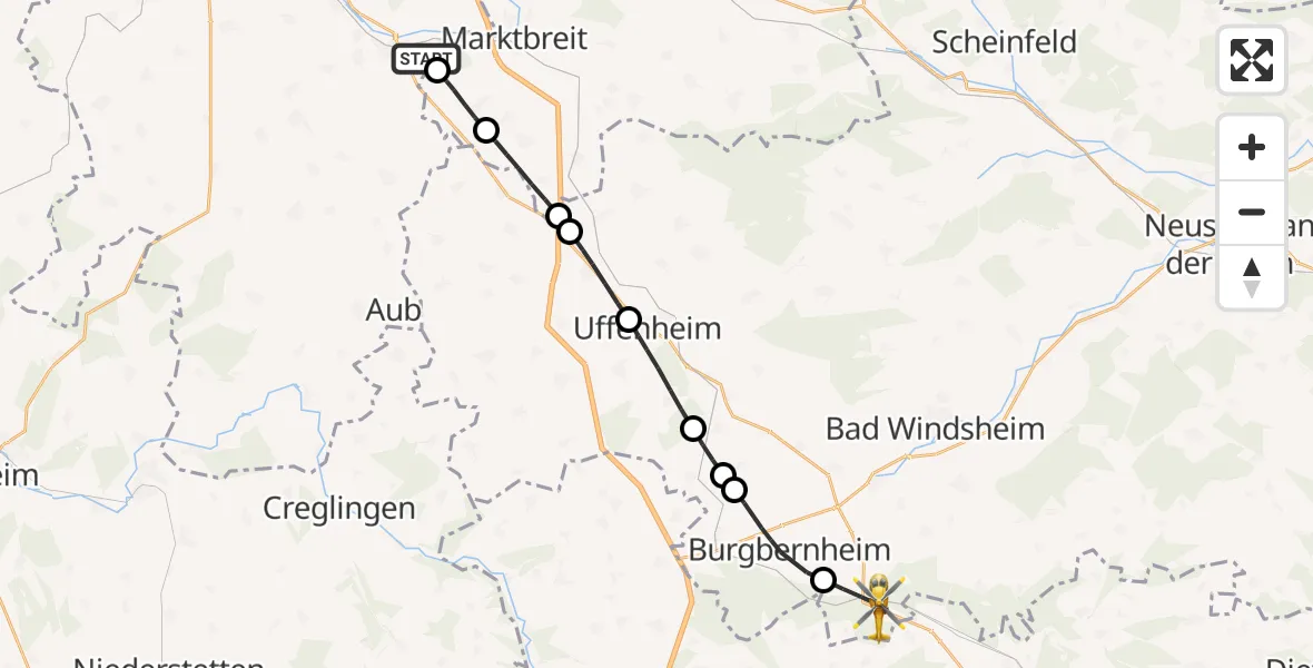 Flugroute Rettungshubschrauber Ochsenfurt Hospital - Marktbergel, 11 August 2026, 11:35