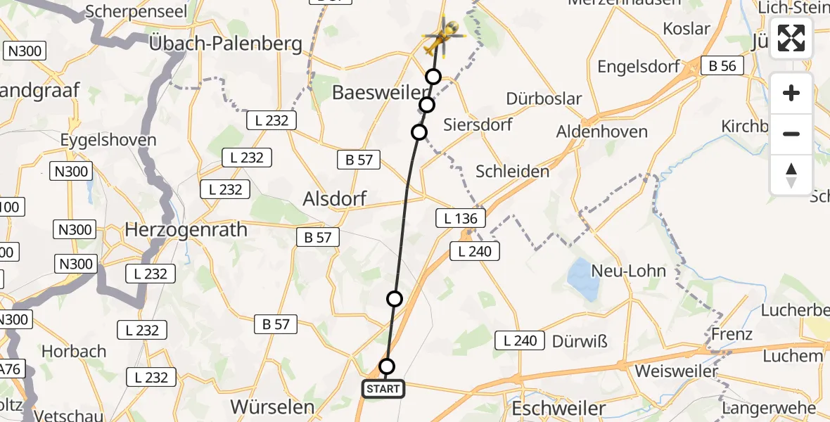 Flugroute Rettungshubschrauber Aachen-Merzbrück Flughafen - Baesweiler, 11 August 2026, 11:40