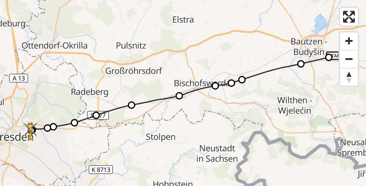 Flugroute Rettungshubschrauber Kubschütz - Dresden University Hospital, 11 August 2026, 11:46