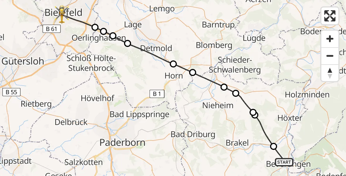 Flugroute Rettungshubschrauber Beverungen - Bielefeld, 11 August 2026, 11:47