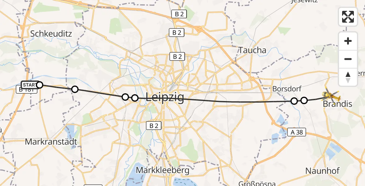 Flugroute Rettungshubschrauber ADAC Air Rescue Station Leipzig/Schkeuditz-Dölzig Hubschrauberlandeplatz (Christoph 61) - Brandis, 11 August 2026, 11:51