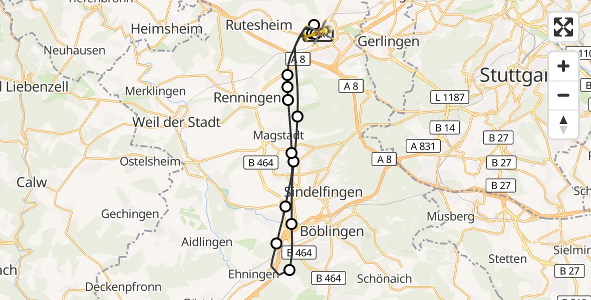 Flugroute Rettungshubschrauber Leonberg Hospital - Leonberg Hospital, 11 August 2026, 11:51