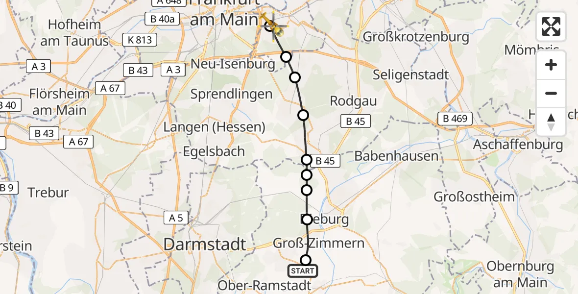 Flugroute Rettungshubschrauber Reinheim - Sana Hospital Offenbach, 11 August 2026, 11:57