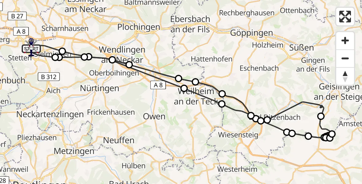 Flugroute Polizeihubschrauber Flughafen Stuttgart - Flughafen Stuttgart, 11 August 2026, 12:04