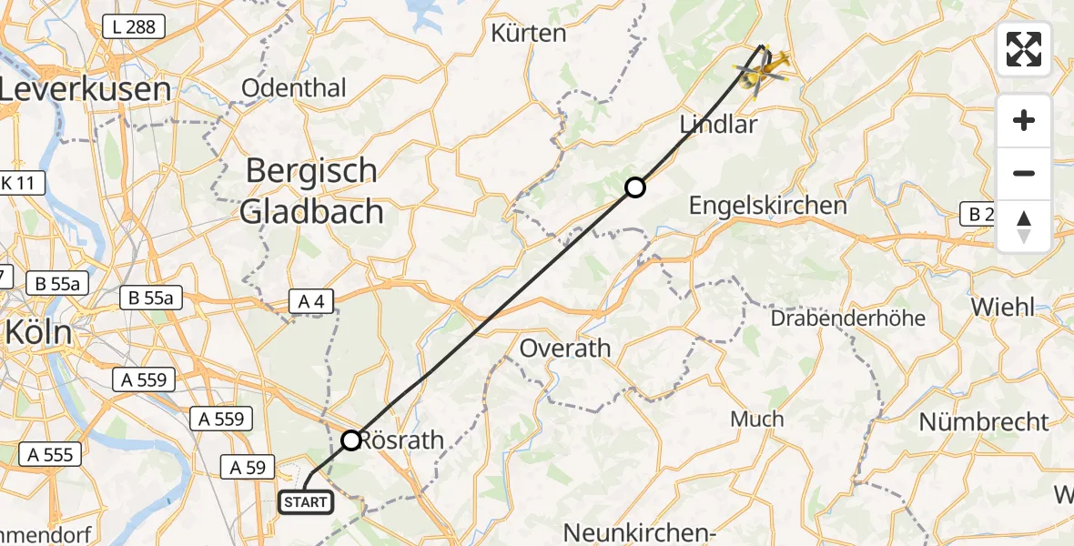 Flugroute Rettungshubschrauber Köln Bonn Flughafen - Lindlar, 11 August 2026, 12:07