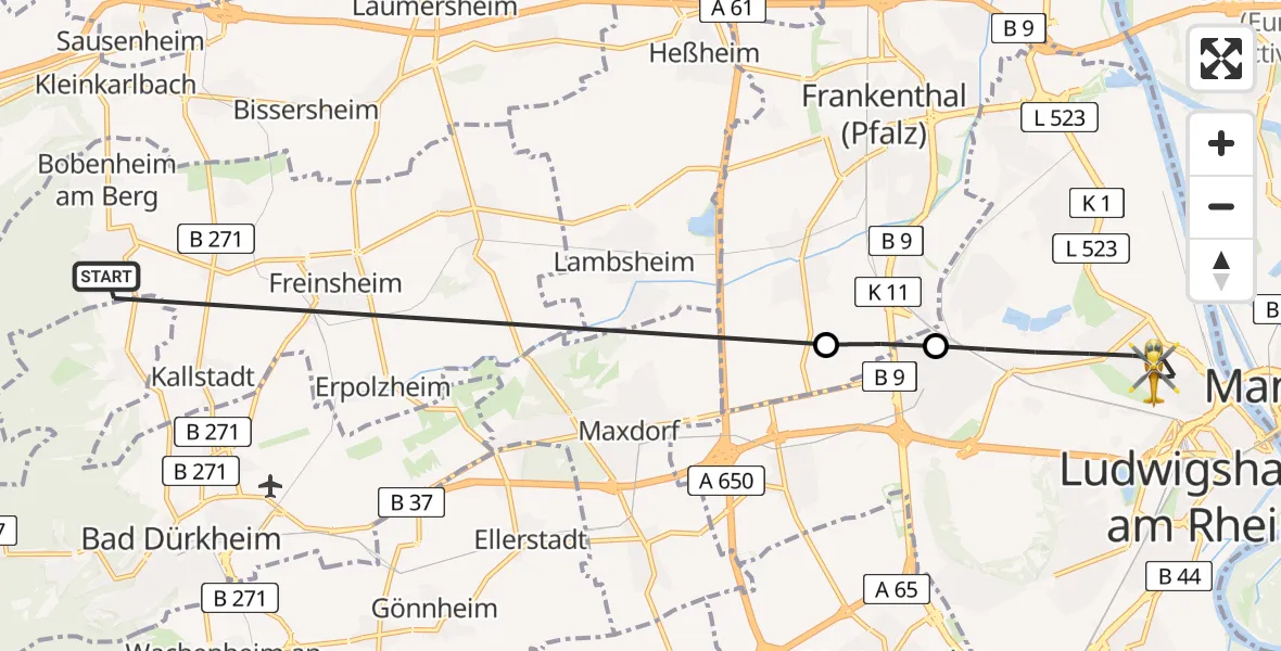 Flugroute Rettungshubschrauber Weisenheim am Berg - Ludwigshafen am Rhein, 11 August 2026, 12:10