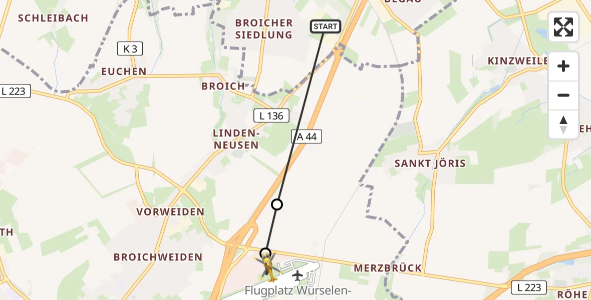 Flugroute Rettungshubschrauber Alsdorf - Aachen-Merzbrück Flughafen, 11 August 2026, 12:14