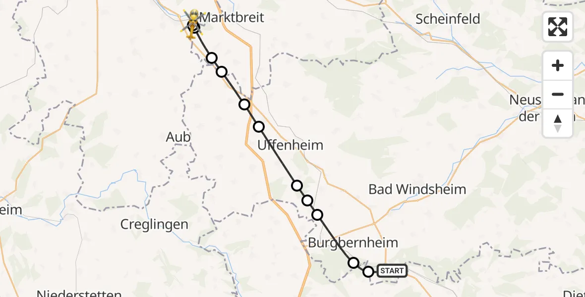 Flugroute Rettungshubschrauber Marktbergel - Ochsenfurt Hospital, 11 August 2026, 12:14
