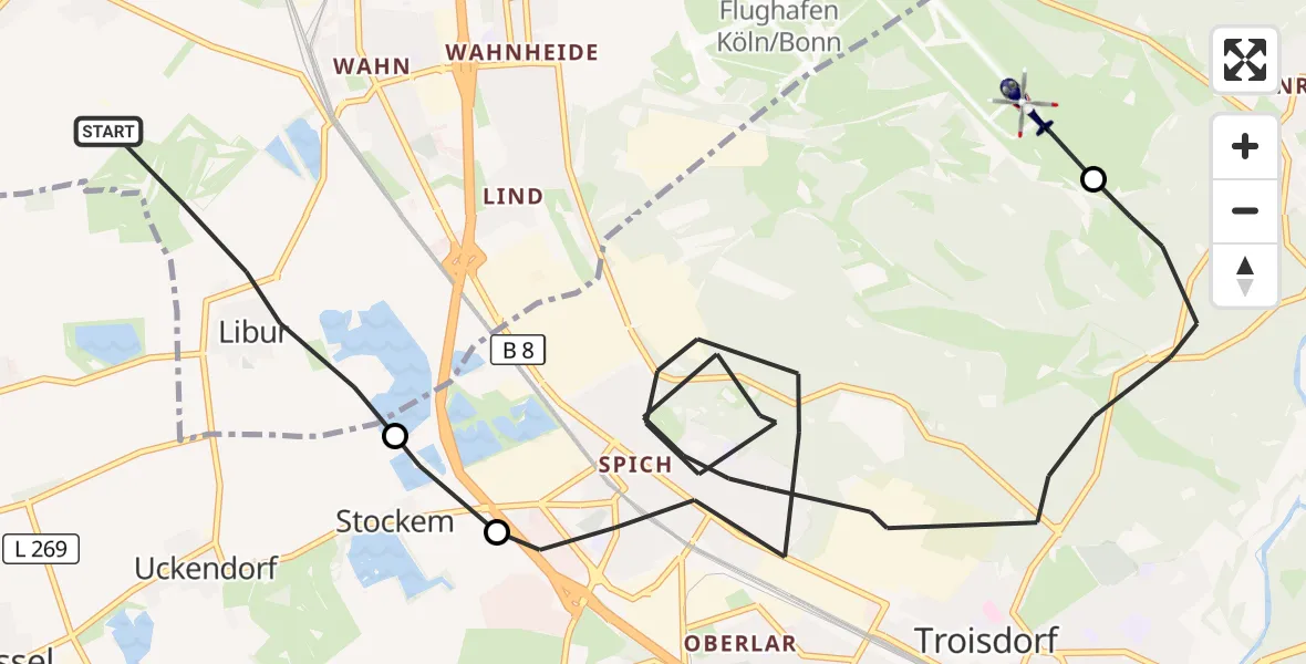 Flugroute Polizeihubschrauber Köln - Köln Bonn Flughafen, 11 August 2026, 12:14
