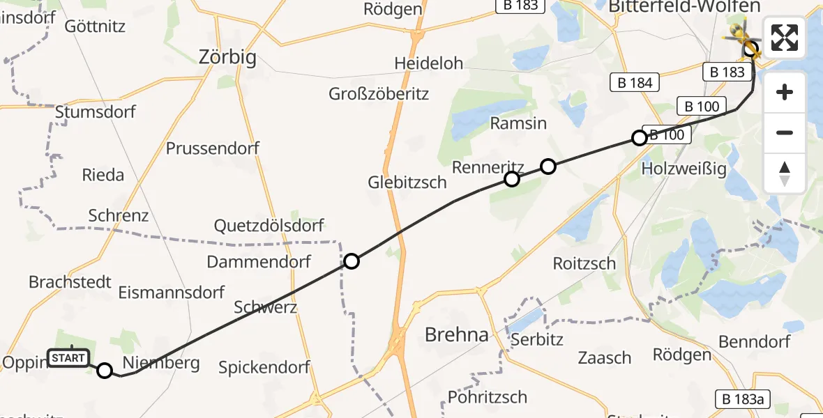 Flugroute Rettungshubschrauber Halle-Oppin Flugplatz - Bitterfield-Wolfen Health Center Hubschrauberlandeplatz, 11 August 2026, 12:16