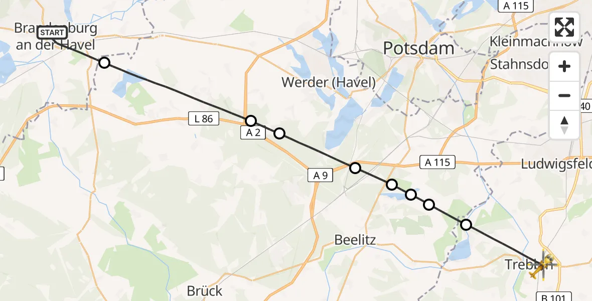 Flugroute Rettungshubschrauber Brandenburg an der Havel - Trebbin, 11 August 2026, 12:16